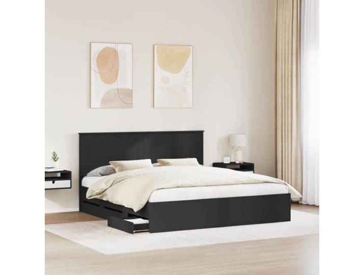 SKTQYQO Schwarzes Doppelbett 180 x 200 cm aus technischem Holz Mit versteckten Schubladen, festen Latten, quadratischen Beinen, modernes Design, einfache Montage