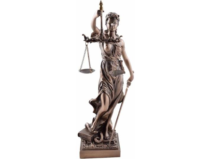 Justitia Romeinse Godin van Rechtvaardigheid - Veronese Design - Bronskleurig beeld - Hoogte 33cm - Vrouwe Justitia van Veronese Design met blauw doorschijnende jurk -
