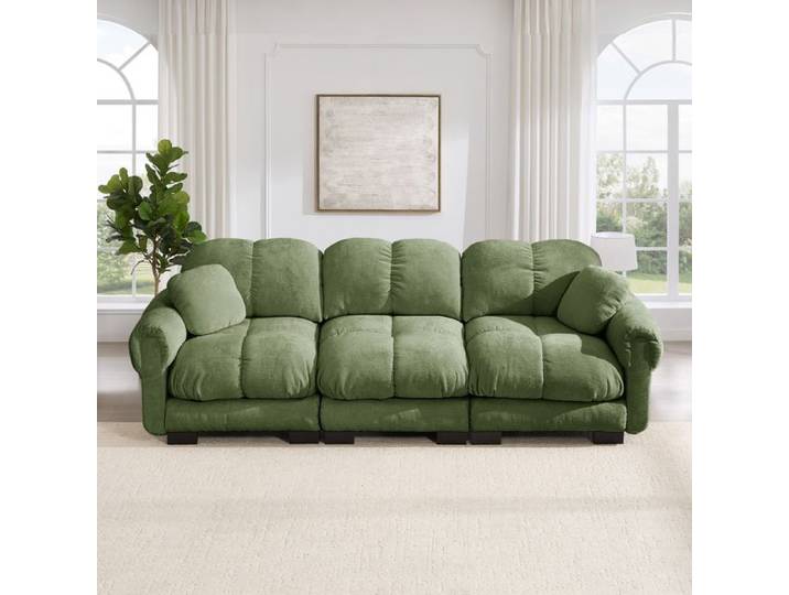 WUVRIE Canape modulable 3 places en chenille verte 2 coussins decoratifs inclus assise epaisse
