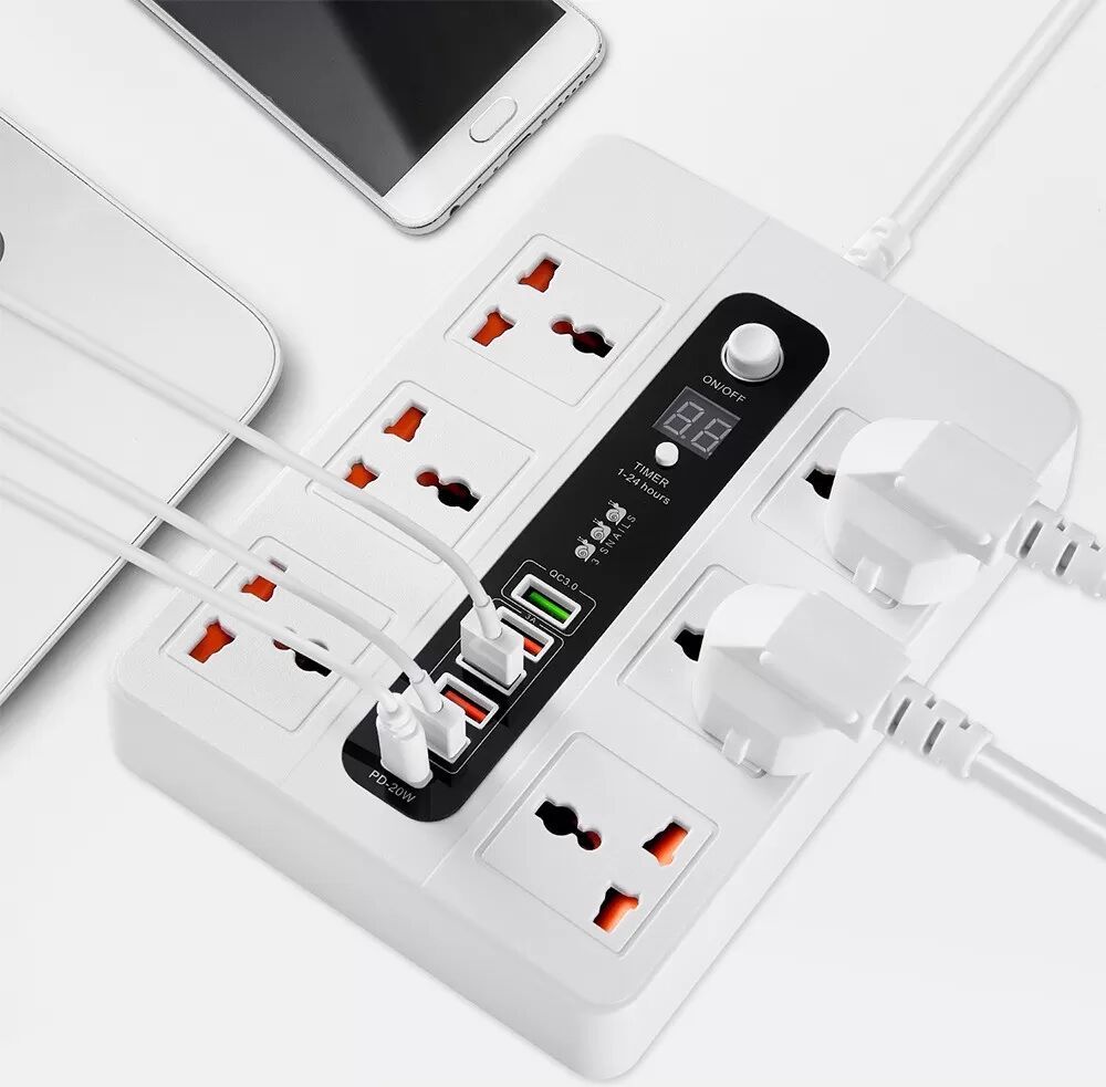 INF Universal-Steckdosenleiste mit 6 Steckdosen, PD20W & QC3.0 und 1-24 Stunden Timer Weiß