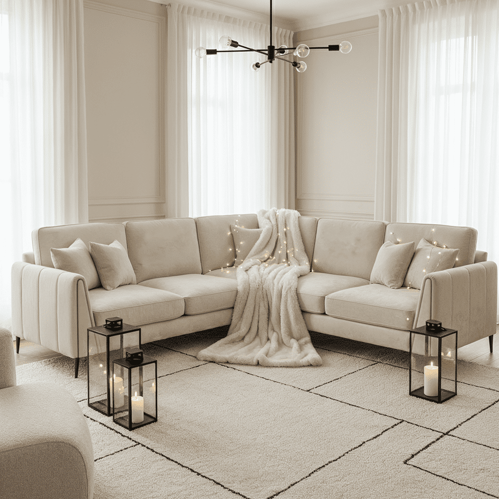 Alaina Cream Velvet Large Corner Sofa with Black Legs