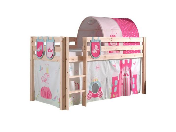 Pack - Lit Enfant Surélevé Tente 3 Pochettes & Tunnel  Pino Princesse  Naturel