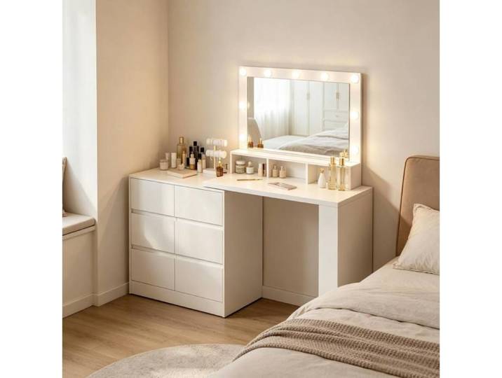 VUENOR Coiffeuse 90 x 134 5 x 40 cm blanc - miroir LED rectangulaire 6 tiroirs