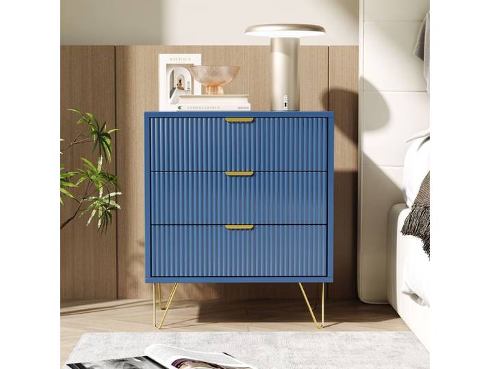 Commode à trois tiroirs 70x60x40cm pieds plaqués or portes rainurées bleu foncé