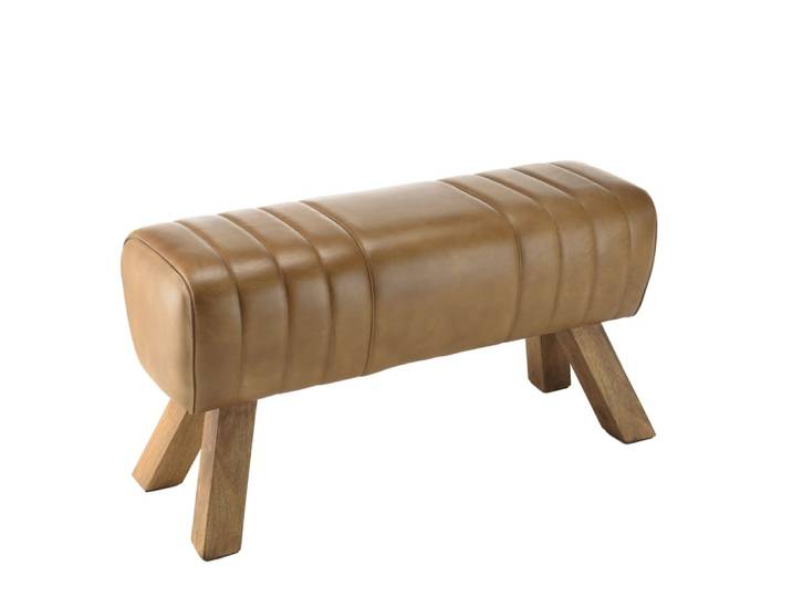 Banc matelassé cuir marron pieds inclinés en bois de manguier