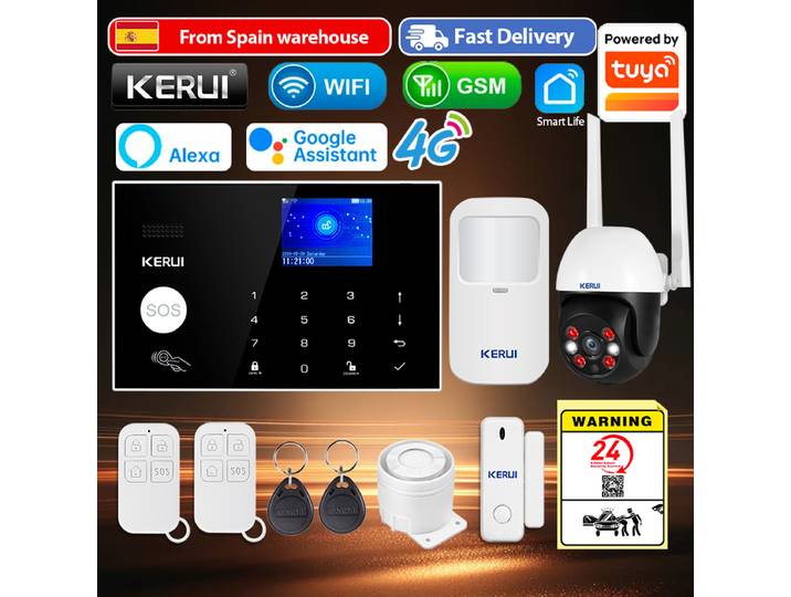 Système d'alarme domestique KERUI 4G 433mhz, kits prenant en charge 3 zones de défense filaires, alarme antivol WIFI, fonctionne avec le capteur PIR Tuya G34