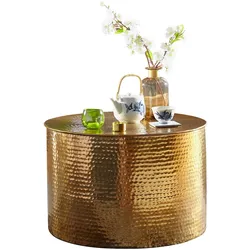 KADIMA DESIGN Couchtisch 61 x 40,5 x 61 cm Aluminium Gold Beistelltisch Orientalisch Rund, Flacher Hammerschlag Sofatisch Metall, Design Wohnzimmertisch Modern,