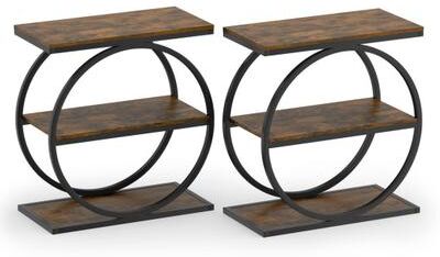Costway Set of 2 Industrial Faux Marble Side Table with Metal Frame for Small Spaces-Rustic Brown