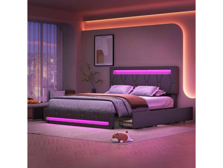 Lit avec rangement, 160 x 200/140 x 200 cm, capitonné, lit double, avec éclairage LED, tiroirs et sommier à lattes (gris)