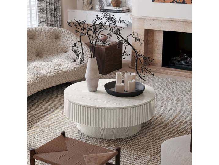 WOVREO Table basse ronde 75 cm avec rangement bois et MDF blanc rétro