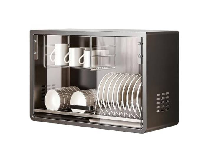 LXRHLIKG Küchen Hängeschrank, Abtropfschale, Klapptür, Wandschrank Küche Küchenschrank Hängend, Karbonstahl, Tür aus Gehärtetem Glas, mit Integriertem Geschirr- und Tassenhalter(Gray)