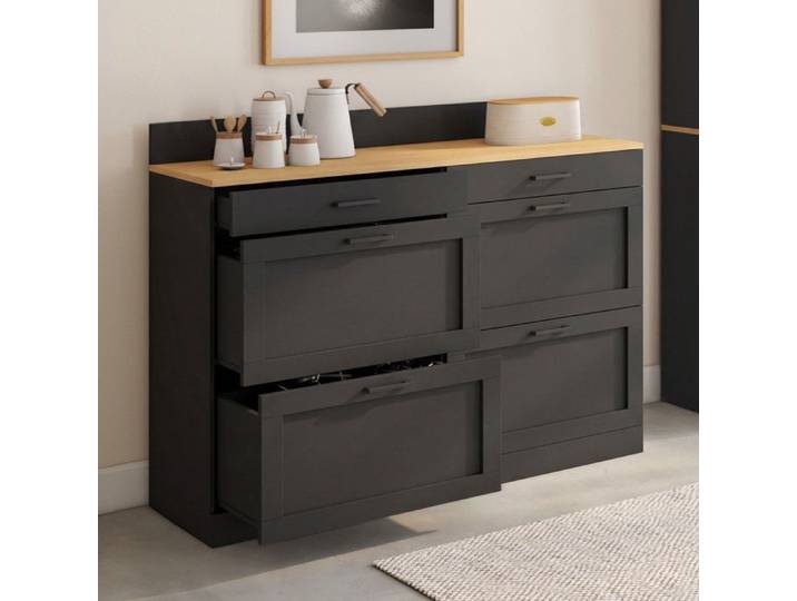 Buffet bas de cuisine 120 cm double casserolier VITO 6 tiroirs noirs et plateau façon hêtre