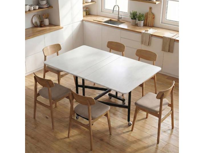 HOMCOM Table Pliante Mobile 6 Roulettes Freins Cuisine Blanc