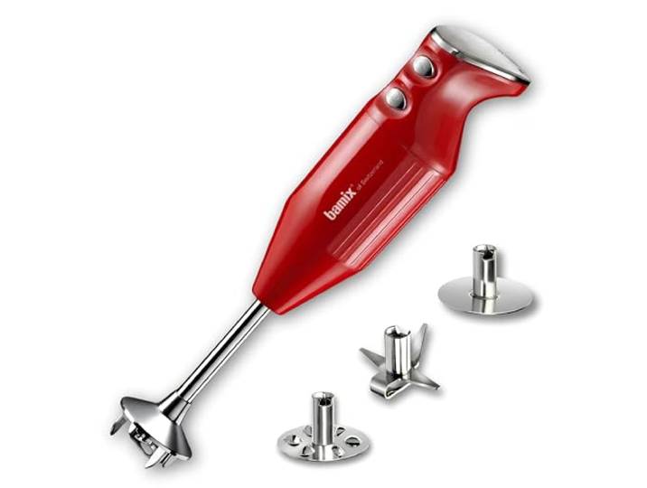 bamix Set avec mixeur plongeant M250 PRIME avec couteau étoile\, disque fouet et disque mélangeur en inox\, 250 W\, 2 vitesses\, Fabriqué en Suisse\, Rouge/Chromé