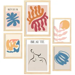 POSTER Set Mit 6 Orange Und Blauen Sammlung A3 & A4 Rahmen Aus Hellem Holz