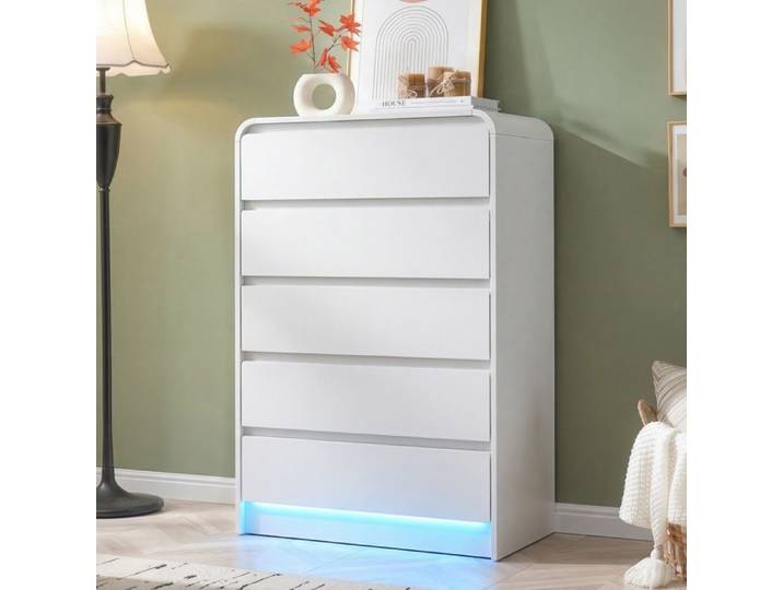 Commode de Chambre - 73x40x110cm - Commode 5 Tiroirs Blancs avec Éclairage LED RGB et Bords Arrondis - Blanc