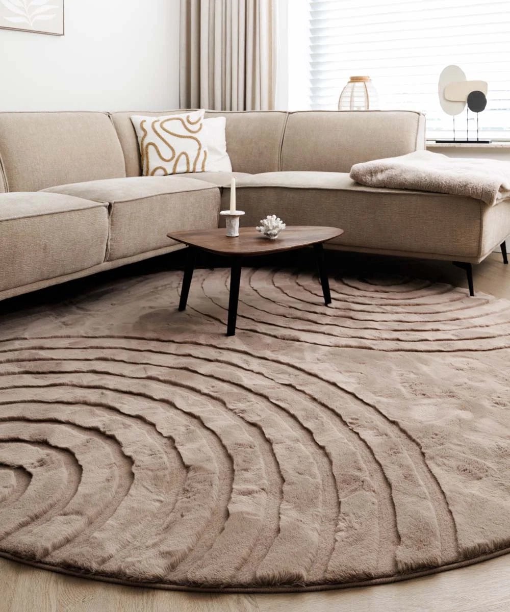 Fluffy rond vloerkleed Carvy taupe 200 cm