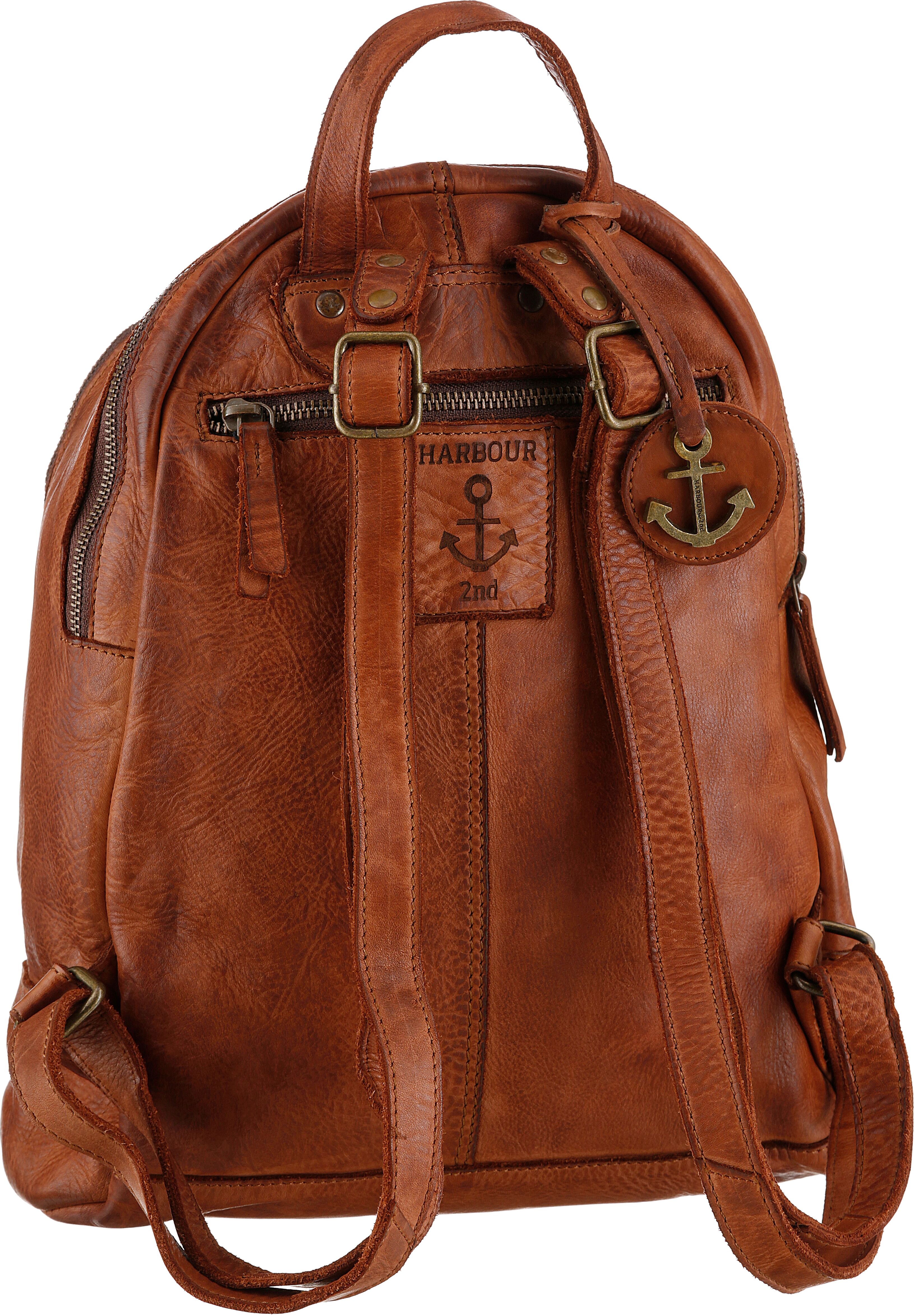 Daypack HARBOUR 2ND "Meghan", Damen, Gr. B/H/T: 27cm x 30cm x 13cm, braun (charming cognac), Leder, Rucksäcke Daypack, aus Leder mit typischen Marken-Anker-Label und Schmuckanhänger charming cognac B/H/T: 27cm x 30cm x 13cm