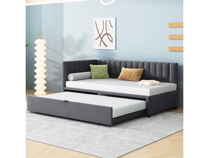 Ausziehbares Schlafsofa 90/180x200 cm Polsterbett mit Lattenrosten Multifunktionales L‑förmiges Polsterbett mit Samtbezug, platzsparend in Dunkelgrau, geeignet als Kinderbett und Gästebett