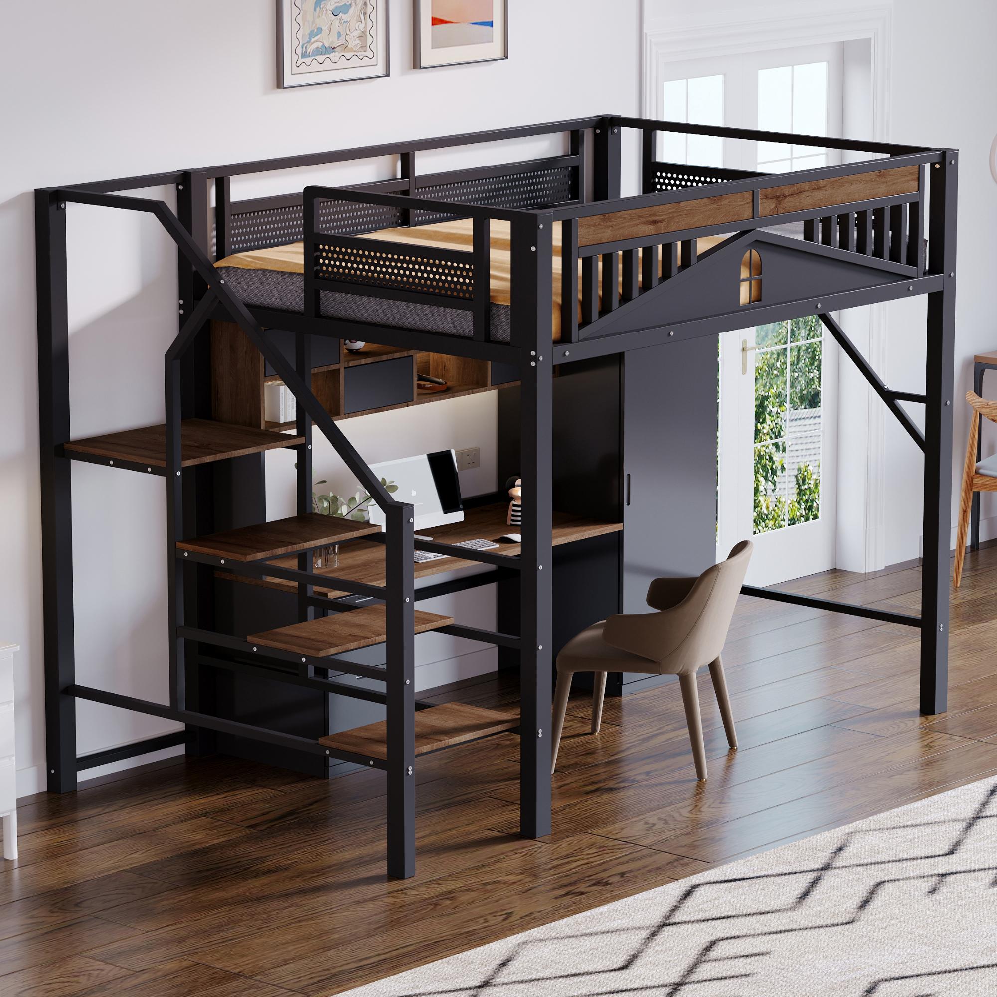 MODFU Hochbett 140x200 Jugendbett mit Sicherheitsumrandung und Fenster,mit Sicherheitsleiter,Bettgestell mit Genügend Platz,Schwarz