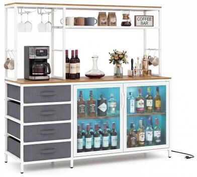 Costway Sideboard Buffet Cabinet with LED Lights 55 inch Coffee Table with Power Outlets-Natural
