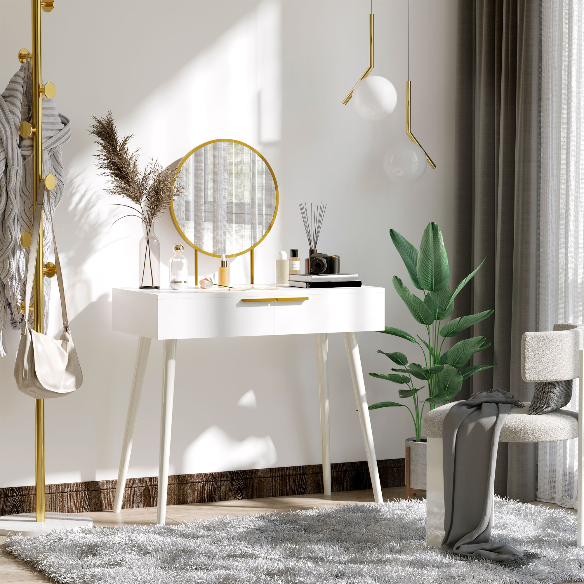 Homcom Tavolo Trucco con Specchio e 2 Cassetti per Accessori, in Legno, 80x40x123 cm, Bianco
