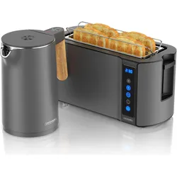 Arendo Frühstücks Set Edelstahl Wasserkocher 1,5l mit Touch&Display & 4-Scheiben Langschlitz Toaster, Grau, Wasserkocher, Grau