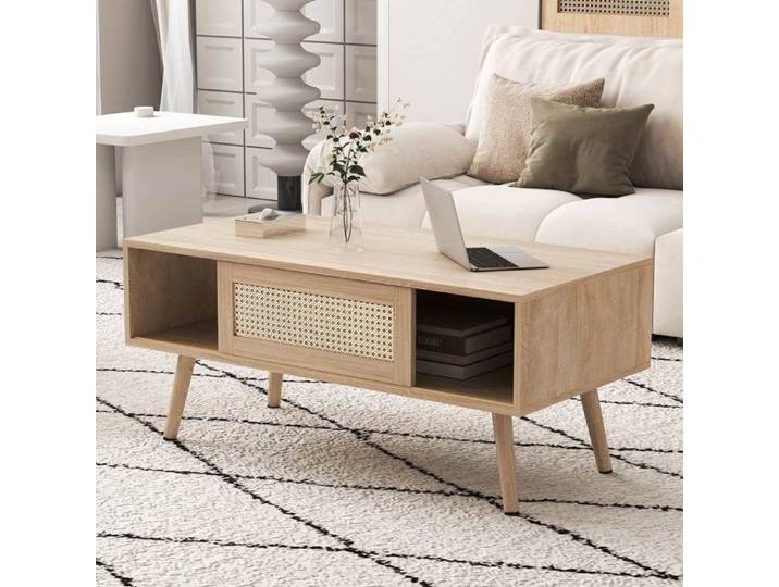 Table basse rangement en rotin tressé - Porte coulissante + tablette - Bois massif
