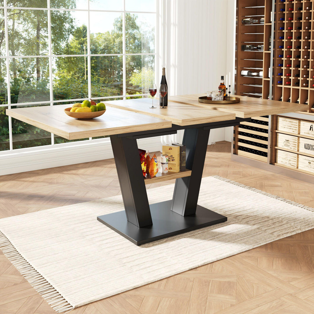 Latitude Run 157 " Extendable Rectangular with Iron Base Dining Table Natural Wood