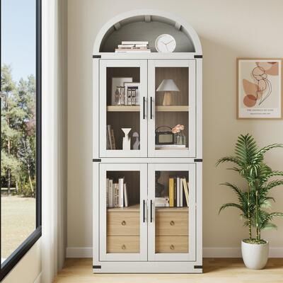 "Garvee 71.4"" Arched Farmhouse Bookcase with Doors and Drawers, 15.8"" Deep Wooden Display Cabinet"