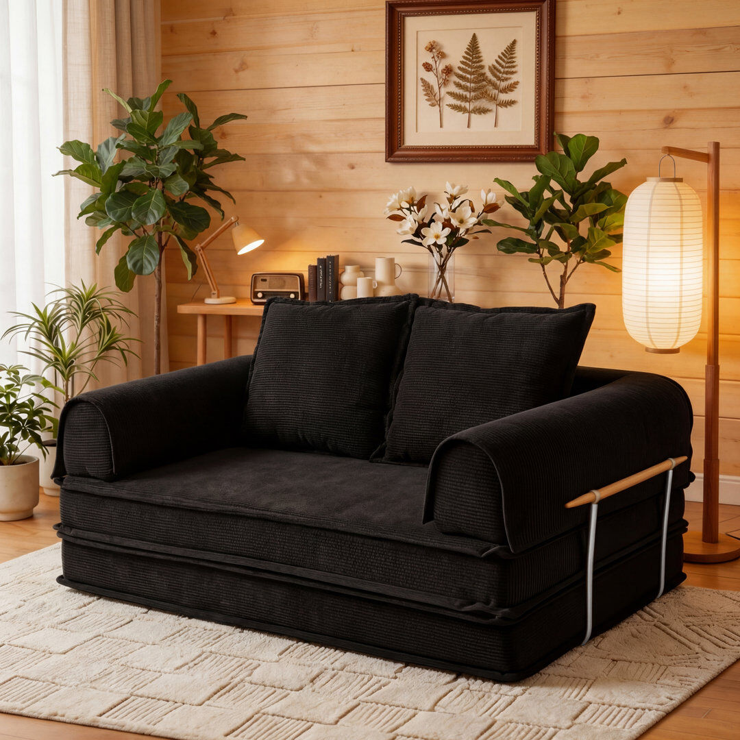 Rebrilliant Convertible Sleeper Sofa Bed, 3 Seater Boneless Couch For Living Room, No Assembly Required Black 72cm H X 200cm W X 74cm D