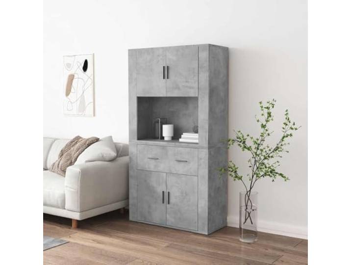 HEFZGDB Stilvolles Highboard für Wohnzimmer in Betongrau aus Holzwerkstoff mit Wandmontage für viel Stauraum und platzsparendes Design