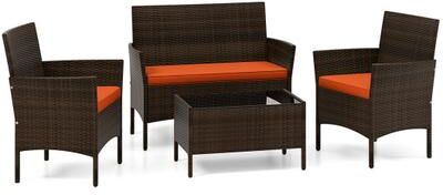 Costway 4 Piece Patio Rattan Conversation Set with Cozy Seat Cushions-Orange