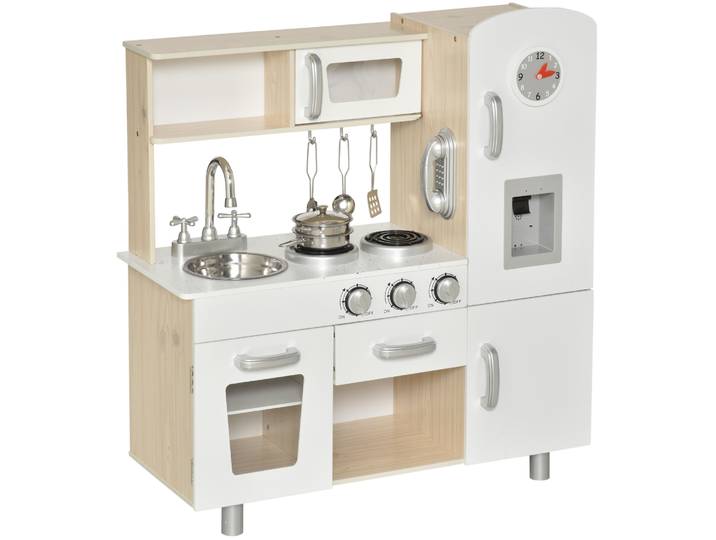 HOMCOM Cuisine Bois Jeu d'imitation - Cuisine Enfant - Nombreux Accessoires & rangements Inclus - MDF pin Blanc chêne Clair