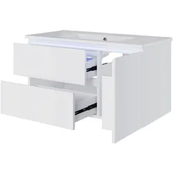 Merax Waschtisch 91.5×46.5×50.5 cm, wandhängender Badezimmerschrank, Volllackierung, LED, 2 Schubladen, integriertes Keramikwaschbecken, weiß