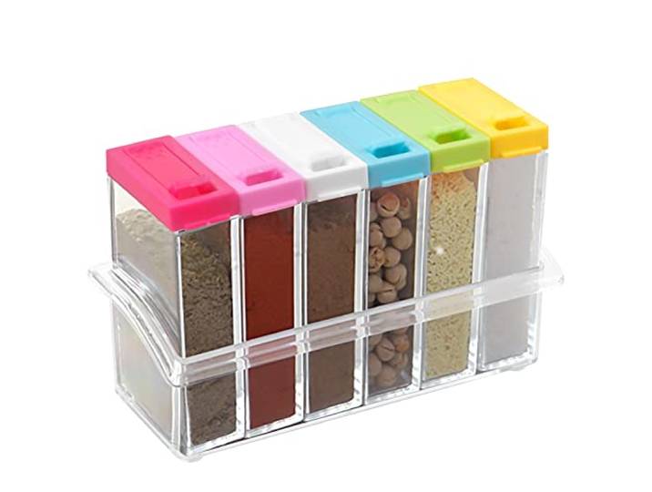 Pinsent Set van 6 transparante kruidenpotjes, BPA-vrije kunststof, dienblad, camping, kruidenbox, zout- en peperstrooier, specerijenbewaarpotjes (kleurrijk)