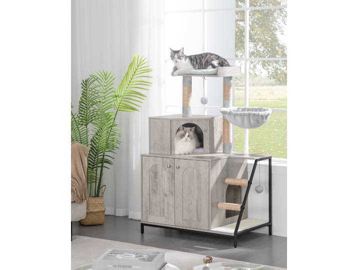 Arbre à chat avec bac à litière, armoire pour chat, maison pour chat moderne 4 en 1 avec grande plateforme, maison pour chat avec tapis à gratter en sisal