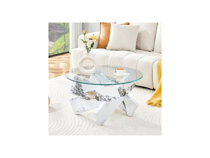 Table basse ronde verre trempé 79cm blanc marbre pieds MDF design élégant moderne