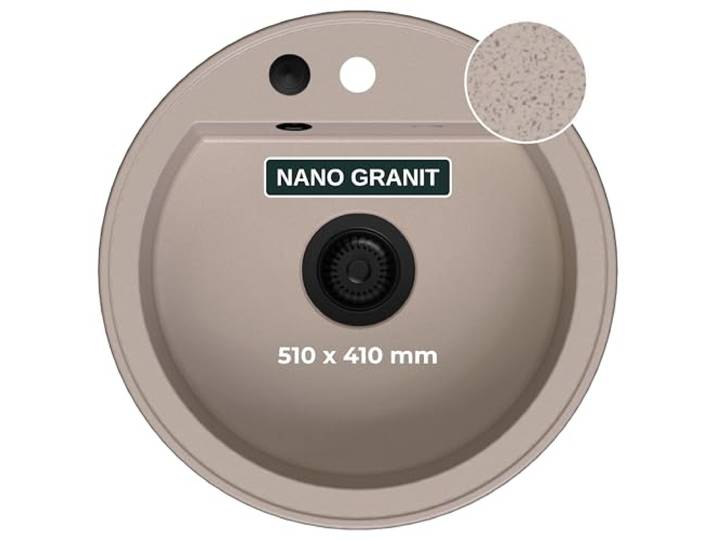SINK QUALITY Spülbecken Rund Beige Ø 51 cm - Siphon Schwarz und Imprägniermittel inkl. - Küchenspüle Rund aus Granit - Granitspüle für Unterschränke ab 55 cm Breite - Einbauspüle Granit