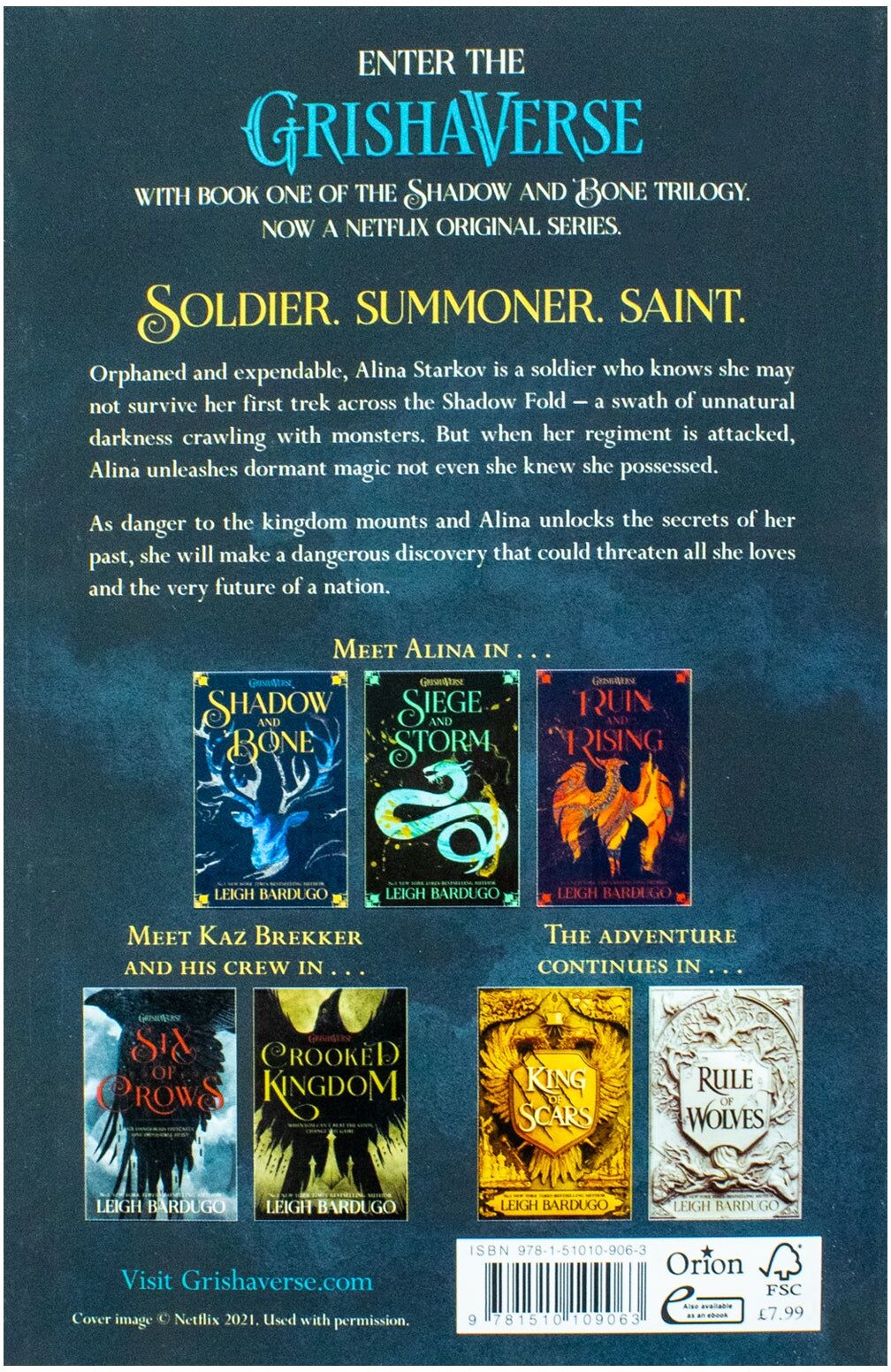 Orion Shadow and Bone by Leigh Bardugo - Book 1 Grisha Trilogy - Netflix Original Series Tie-In - YA Fantasy Paperback - Ages 12+