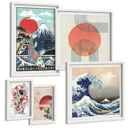 BILDER SET 5er Set - 50x50 cm & 20x30 cm & 40x60 cm Weißer Rahmen - Illustrationen von Fischbergen, die sich in Japan ausbreiten
