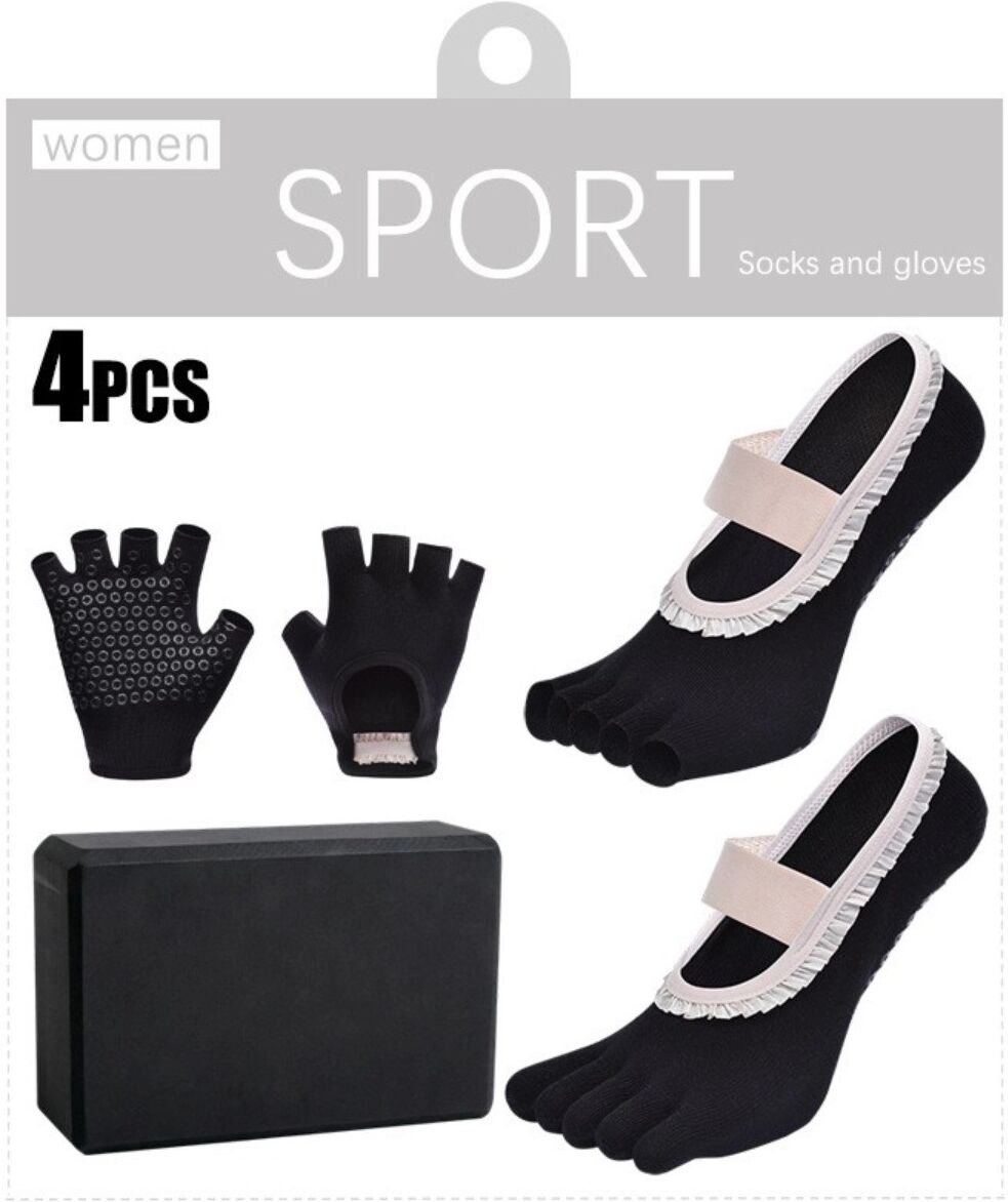 INF Rutschfestes Yoga- und Pilates-Set mit Griffsocken, fingerlosen Handschuhen, getrennten Zehen und Yoga-Block-Unterstützung Schwarz