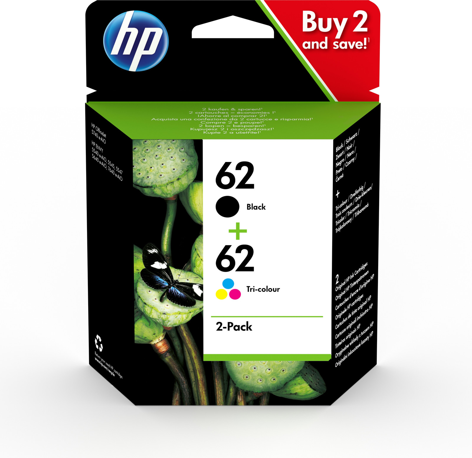 HP 62 Inktcartridges dubbele verpakking zwart en meerkleurig (zwart, cyaan, magenta, geel)