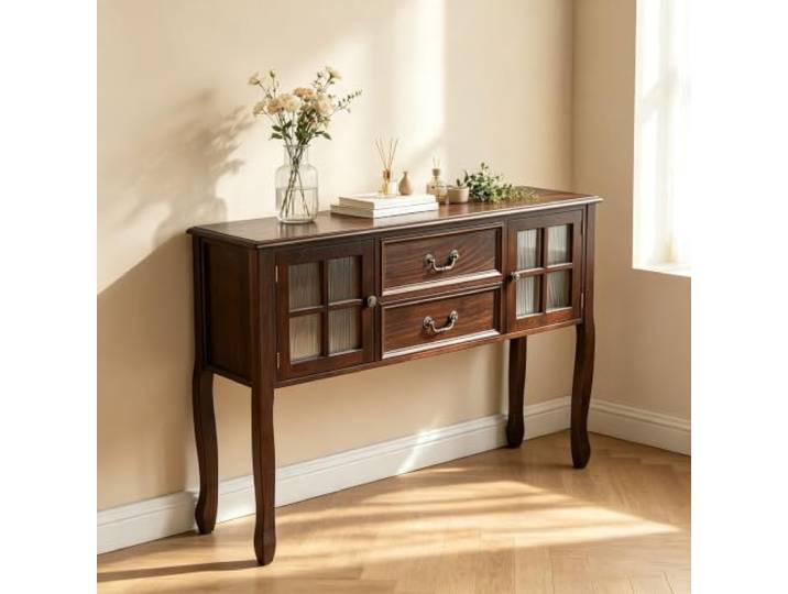 Massivholz Konsolentisch mit Schubladen, Flur- und Sofatisch aus Holz Massivholz-Rahmen, Stabile Konstruktion, Vielseitiger Stauraum, Einfache Montage(Dark Walnut,Large)