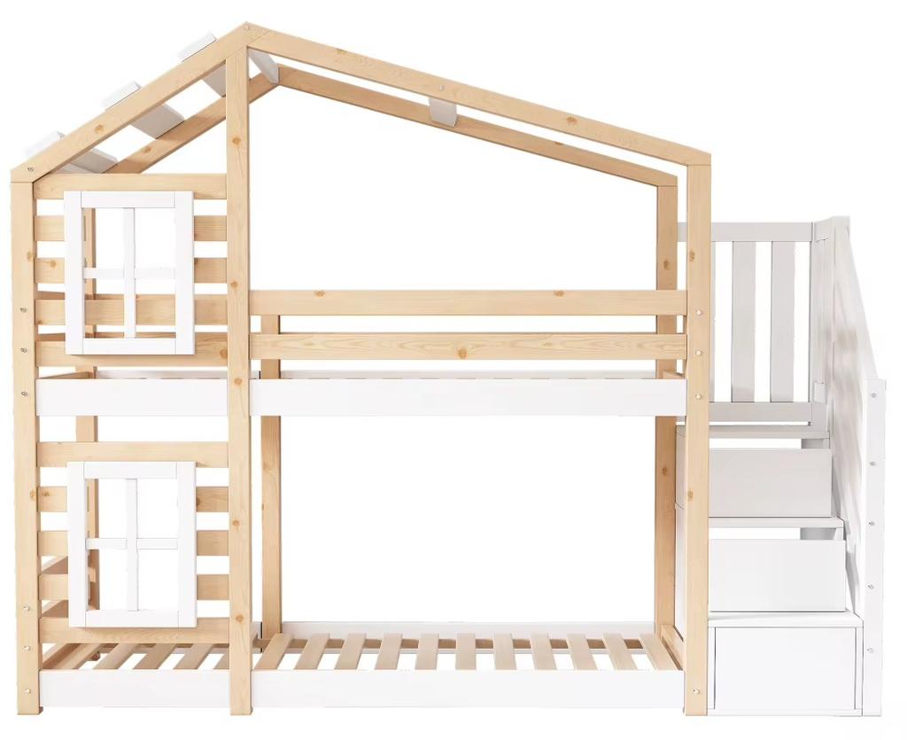 Etagenbett im Hausdesign für Kinder - 90 x 200 cm - Mit Stauraum - Rausfallschutz - 2 Lattenroste - Ohne Matratze - Naturweiß