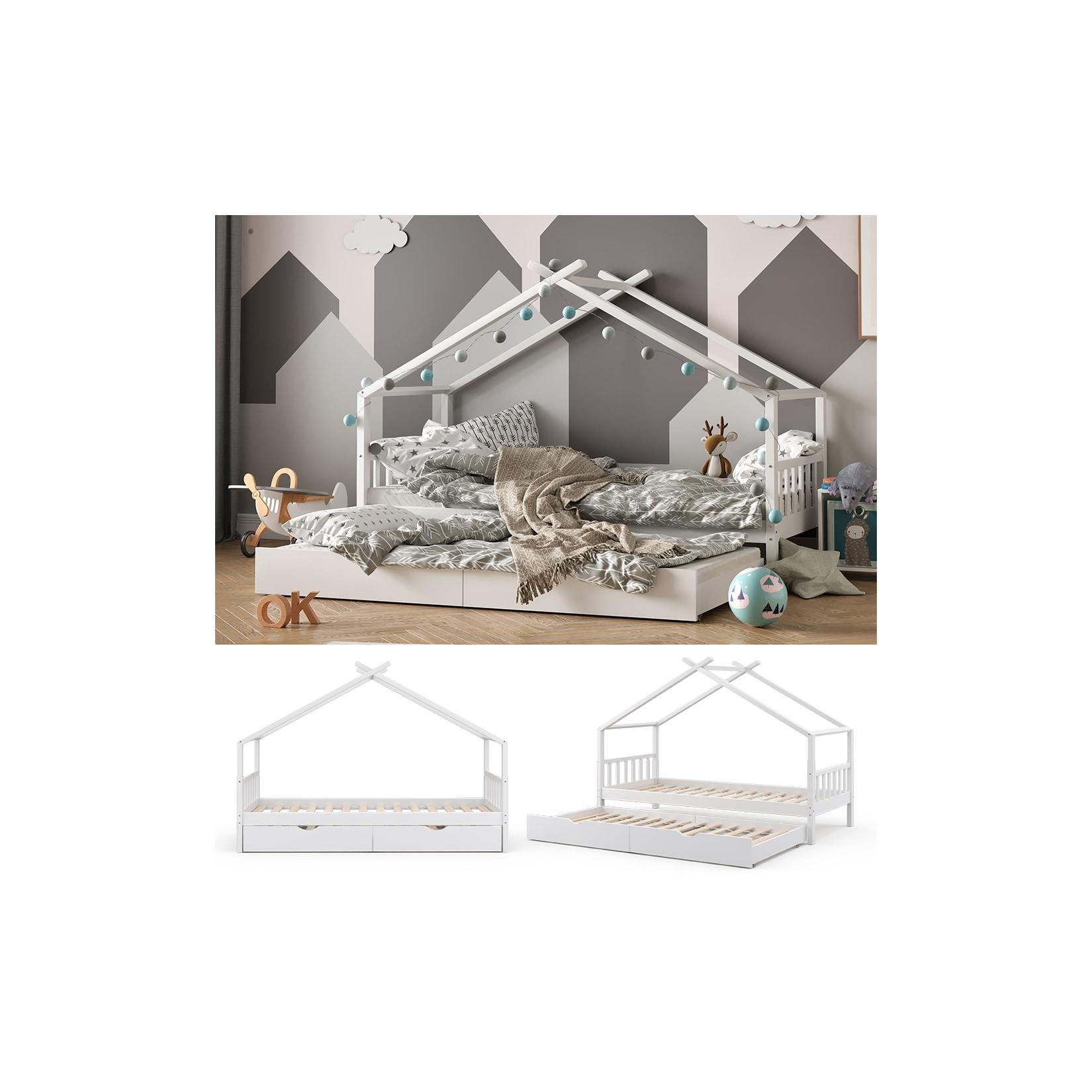 VITALISPA Kinderbett DESIGN Hausbett Gästebett Lattenrost weiß 90x200 Schublade