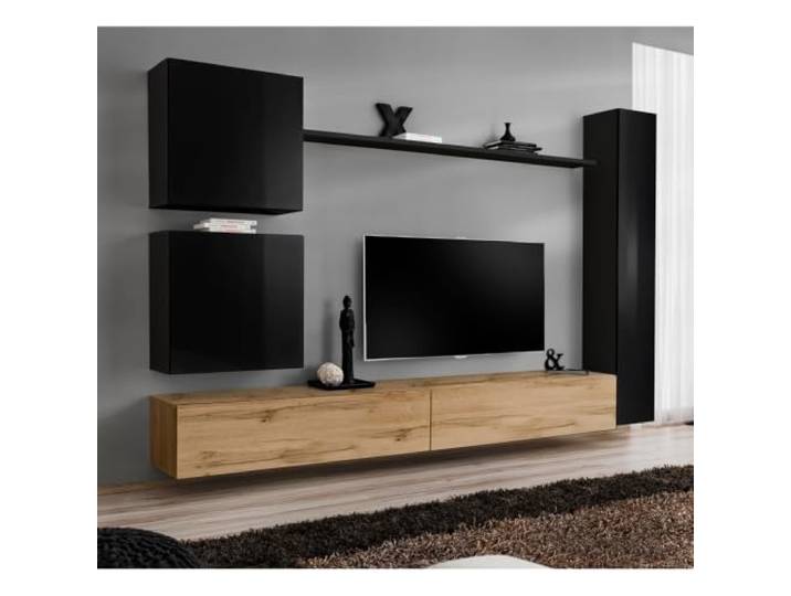 Lomadox Wohnzimmer Wohnwand in Eiche & Schwarz mit Hochglanz-Fronten modern 280 cm, 6-teilig -