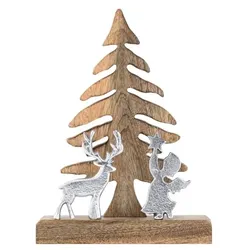 Amagohome Holzfigur Weihnachtsbaum mit Hirsch u. Engel 20x27cm Masterbox 8-teilig Weihnachtsdeko Mangoholz