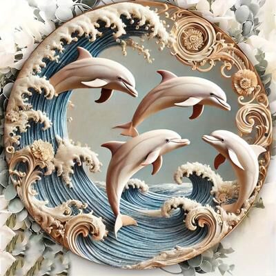 Uplifted Finds "2D Dolphin Wave Wooden Art Plaque   8"" Underwater Theme Decorative Sign For Modern Home, Office & Cafe Decor 2 Pcs"