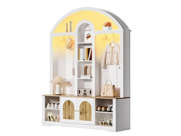 Armoire d'entrée multifonctionnelle - Blanc - MDF robuste - 150x40x195 cm - Design incurvé - Étagères ouvertes